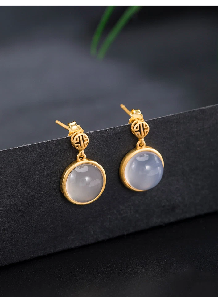 I04 Orecchini Rotonde Bianca Calcedonio Argento Sterling 925 Placcato Oro - Immagine 3 di 4