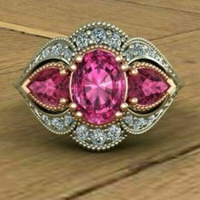 3CT Lab Created Oval Cut Pink Sapphire Wedding Ring 14K White Gold Over