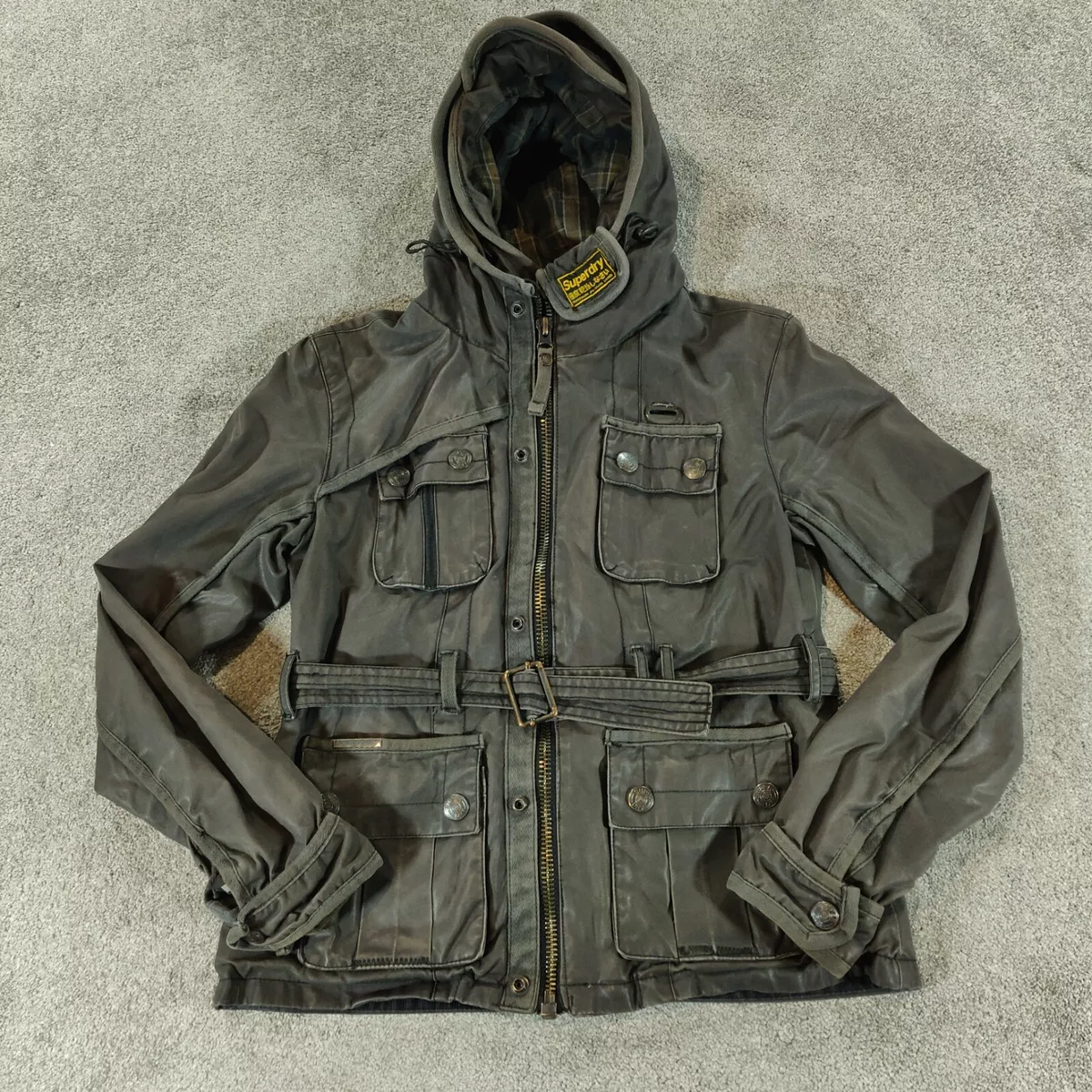 Superdry Motorcycle Jacket Womens Large Grey Waxed Biker Lined Coat Black Hawk