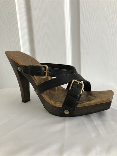 Tacón zueco de madera de cuero negro Yves Saint Laurent YSL talla 39 EE. UU. 8 - Imagen 2 de 12