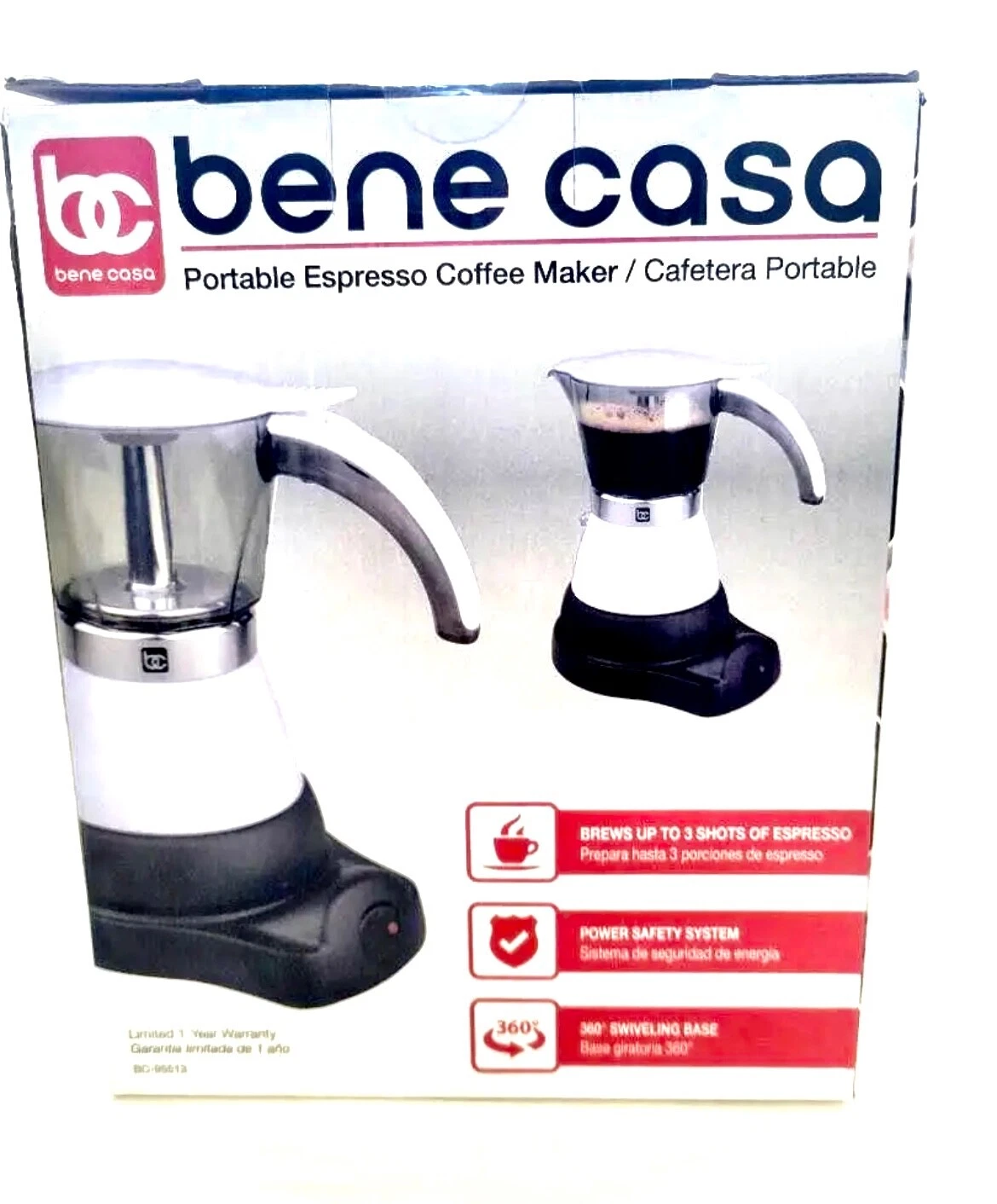Bene Casa Portable Espresso Coffee Maker/Cafetera Portable1-3Cup Blanca