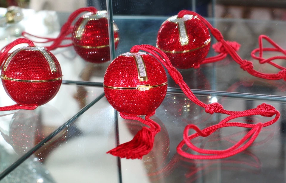 Judith Leiber Crystal Bag Temari Ball Tassel Ruby Red Minaudière Shoulder Bag