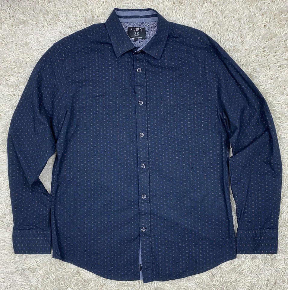 Filter Button Up Shirt Men’s Large Blue Geometric Paisley Flip Cuffs Long Sleeve - Image 2 of 4