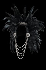 Black Feather Headdress w/ Silver Medallions  Chain Tassels Costume Headpiece 