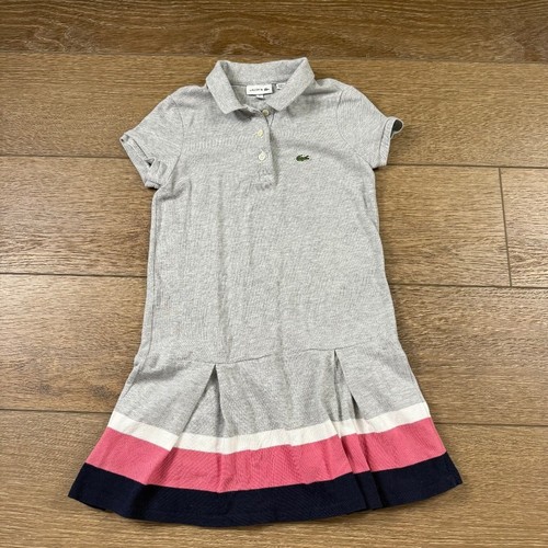 Lacoste Girls Polo Dress Gray Stripes Size 8 Back to School Preppy Pull Over