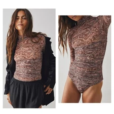 Free People Sz S Mauve Paisley Print Mesh Long Sleeve Ruched Turtleneck Bodysuit