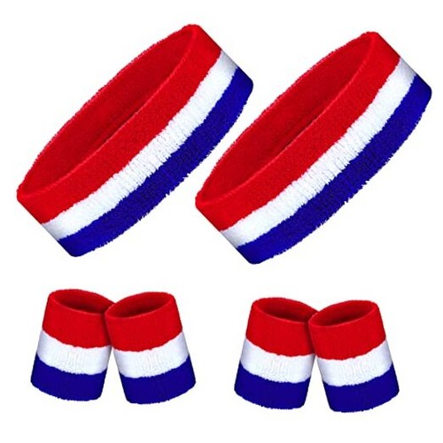 6 Pieces Sweatband Set Sports Headband Wristband Set Head Band Red-White-Blue