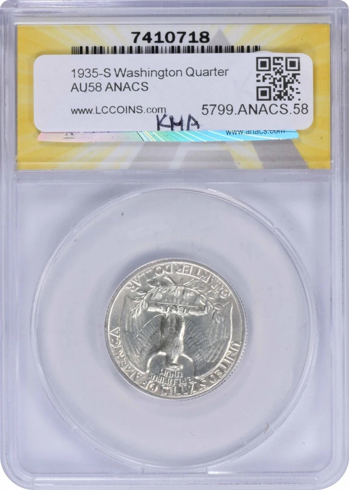 1935-S Washington Silver Quarter AU58 ANACS - Image 2 of 2
