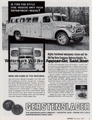 Gerstenslager Rescue Truck 1961 Natrona Heights Pa VTG Photograph Print 8.5x11"