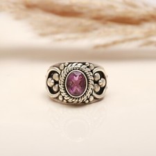 925 Sterling Silver Amethyst Gemstone Engagement Statement Bezel Ring Jewelry