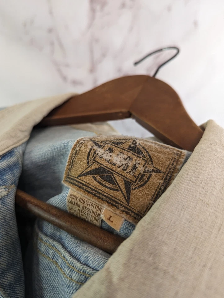 Vintage Denim Jacket Women Large Jean 80s 90s Y2K Linen Collar Light Wash Crop - Image 3 of 4