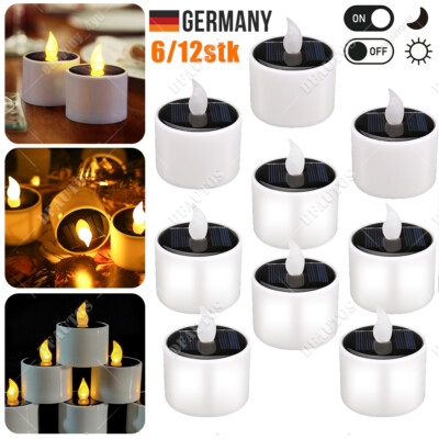6/12er Solar LED Teelichter Außen Sensor Solarkerze Garten-Kerze Outdoor weißes
