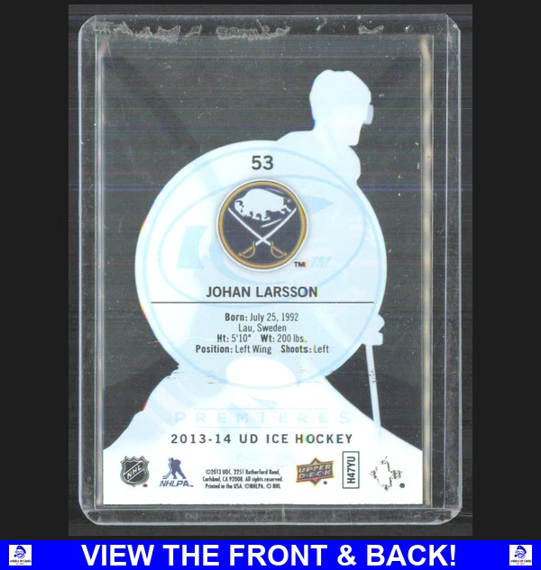 Johan Larsson 2013 Upper Deck Ice /999 Acetate Premieres RC Buffalo Sabres 53 - Image 2 of 3