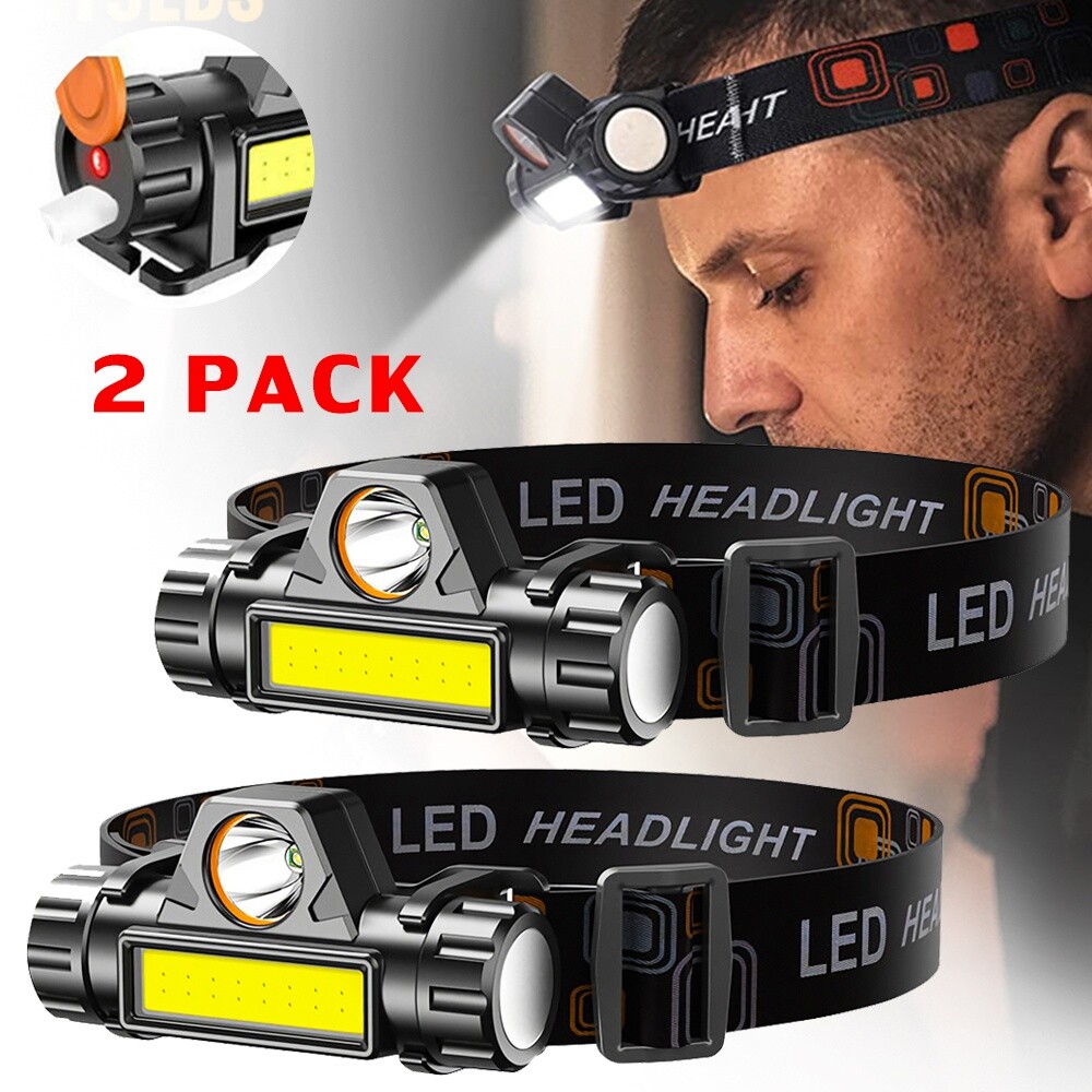 2 PACK Lampara de Cabeza LED Impermeable USB Recargable Linterna para Correr New