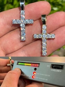 Authentic Silver / Gold Plated Tennis Cross Pendant Iced Real MOISSANITE Passes Tester