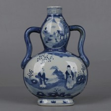 9" Collect China Blue and White Porcelain Figure Stories Two Ear Gourd Vases
