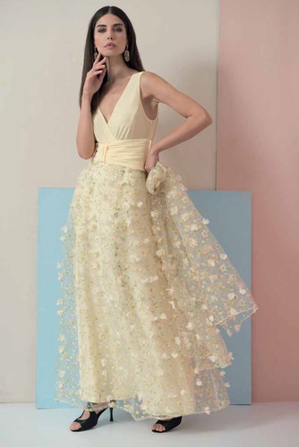 Edas abito donna lungo Osvaldo vestito elegante cerimonia Giallo floreale  sera | eBay