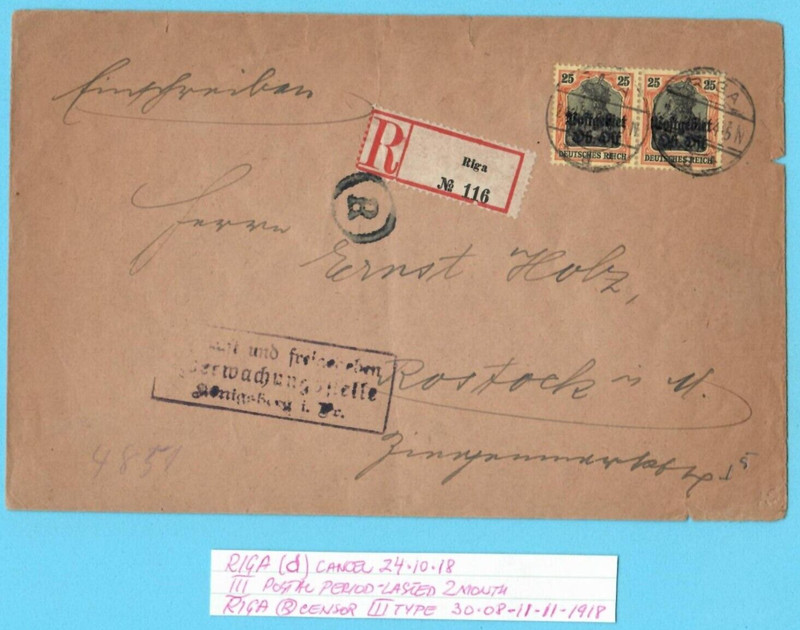 LATVIA 1918, German Occup. Ober Ost. R. Cover RIGA TO ROSTOCK Censored UK 5455
