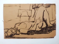 Ink Brush Drawing, Reclining Figure, 18" x 12" Glazier (Listed Artist) c. 1969