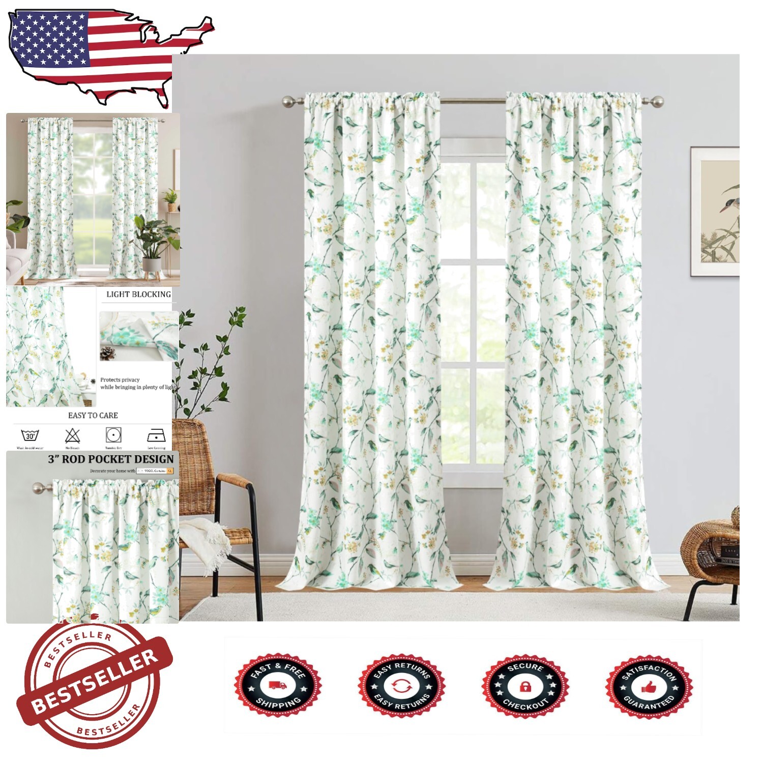 Handmade Rustic Bird Design Curtains 52x84 for Country Window Decor