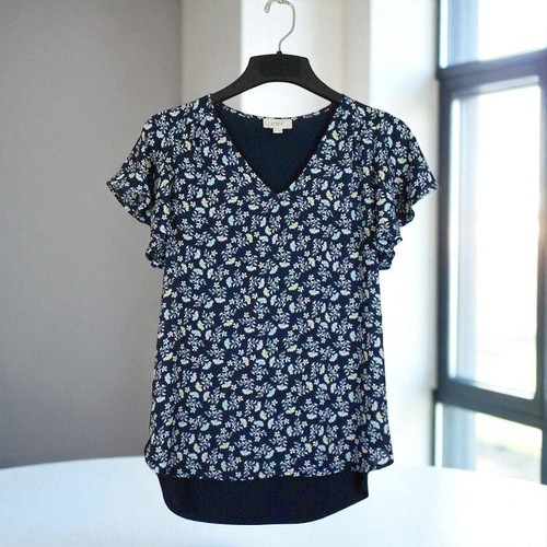 LOFT Outlet Top Womens XS Blue Multi V Neck Short Flutter Sleeves Mixed Media - Picture 2 of 10