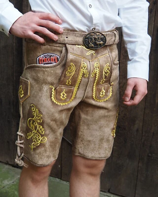 kurze Lederhose braun mit Gürtel Wildbock antik Yelo look belt Leder Neu - Bild 1 von 4
