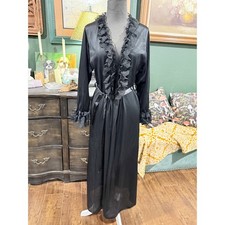 Fredericks of Hollywood Vintage Black Lace Ruffle Long Robe Lingerie FLAWED