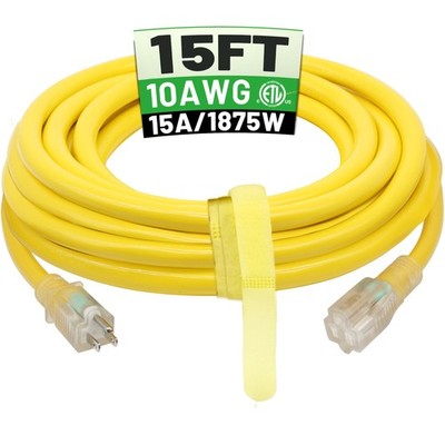 Best POWGRN 15 Ft 10AWG Outdoor Extension Cord Waterproof Heavy Duty 10 Gauge 3