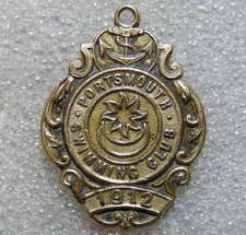 1912 Silver Tone Portsmouth Swimming Club Badge / Pendant (Antique Hampshire)