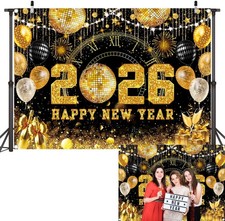 Happy New Year 2026 Black Gold Backdrop 2026 82x59inch 7x5FT , gold