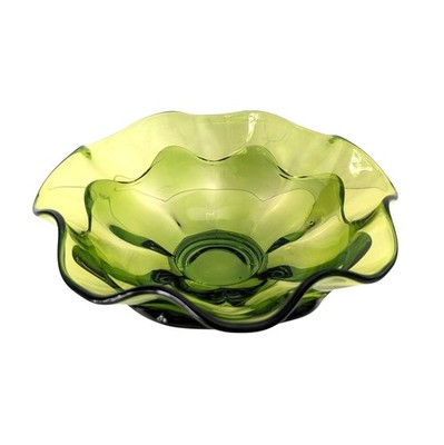 Mid Century Viking Double Wave Green Glass Bowl Ruffled Edge
