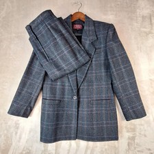 Vintage Sasson Skirt Suit Womens 8/9 Gray Plaid Wool Blend Blazer Set 90s