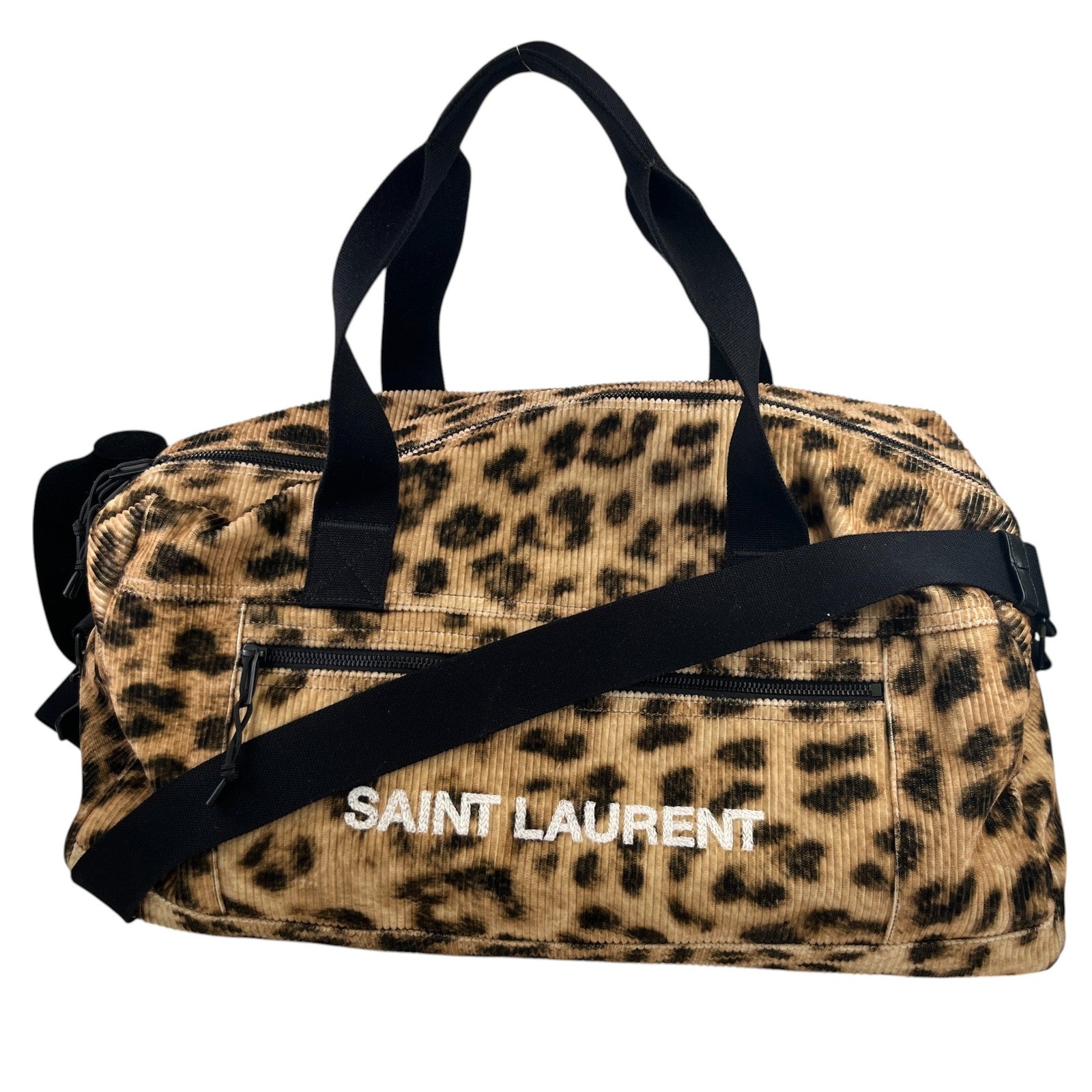 Saint Laurent Borsa Uomo Velluto a Coste Leopardata Weekend Marrone