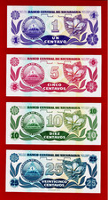 NICE 1991 LOTUS SET of 1, 5, 10 & 25 Centavos De Cordoba NICARAGUA UNC BANKNOTES