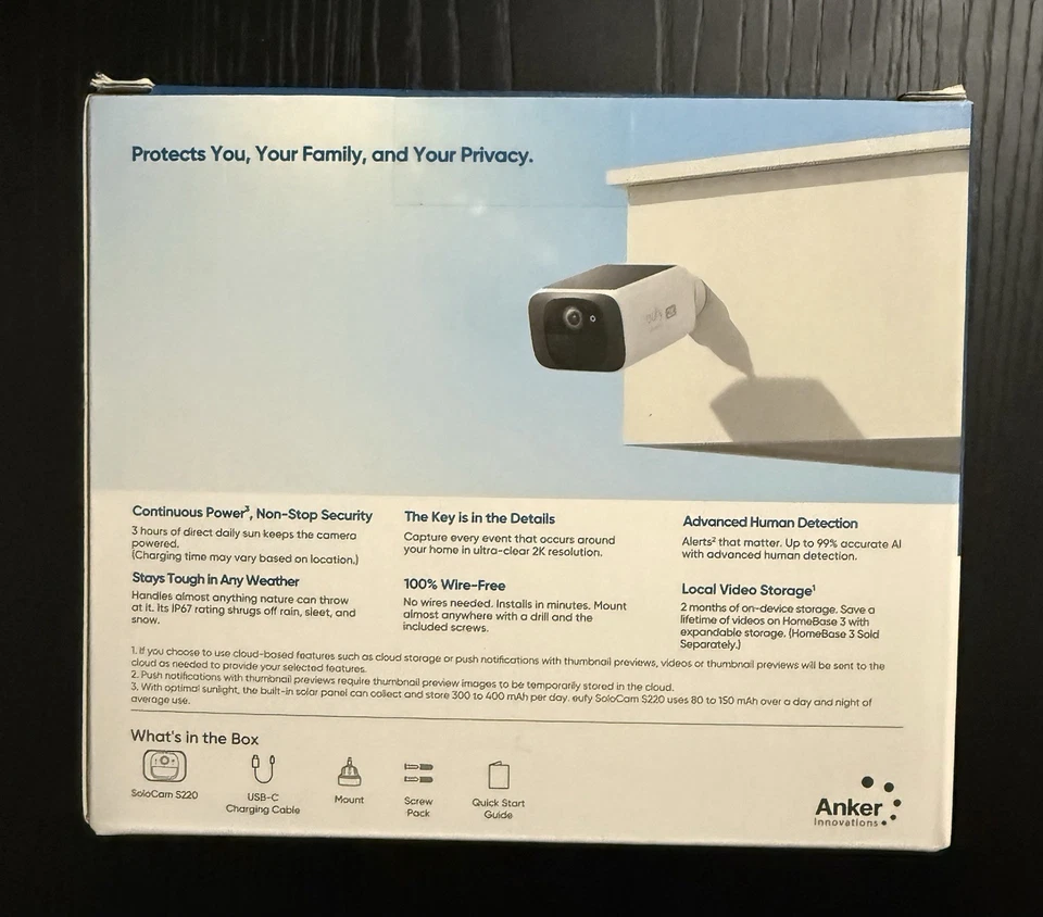 Eufy Security SoloCam S220 2K WI-FI Outdoor Solar Bullet Camera - BRAND NEW - Image 2 of 2