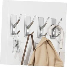 Self-Adhesive Coat Hooks for Hanging - Heavy Duty Stainless 4 Pack Silver