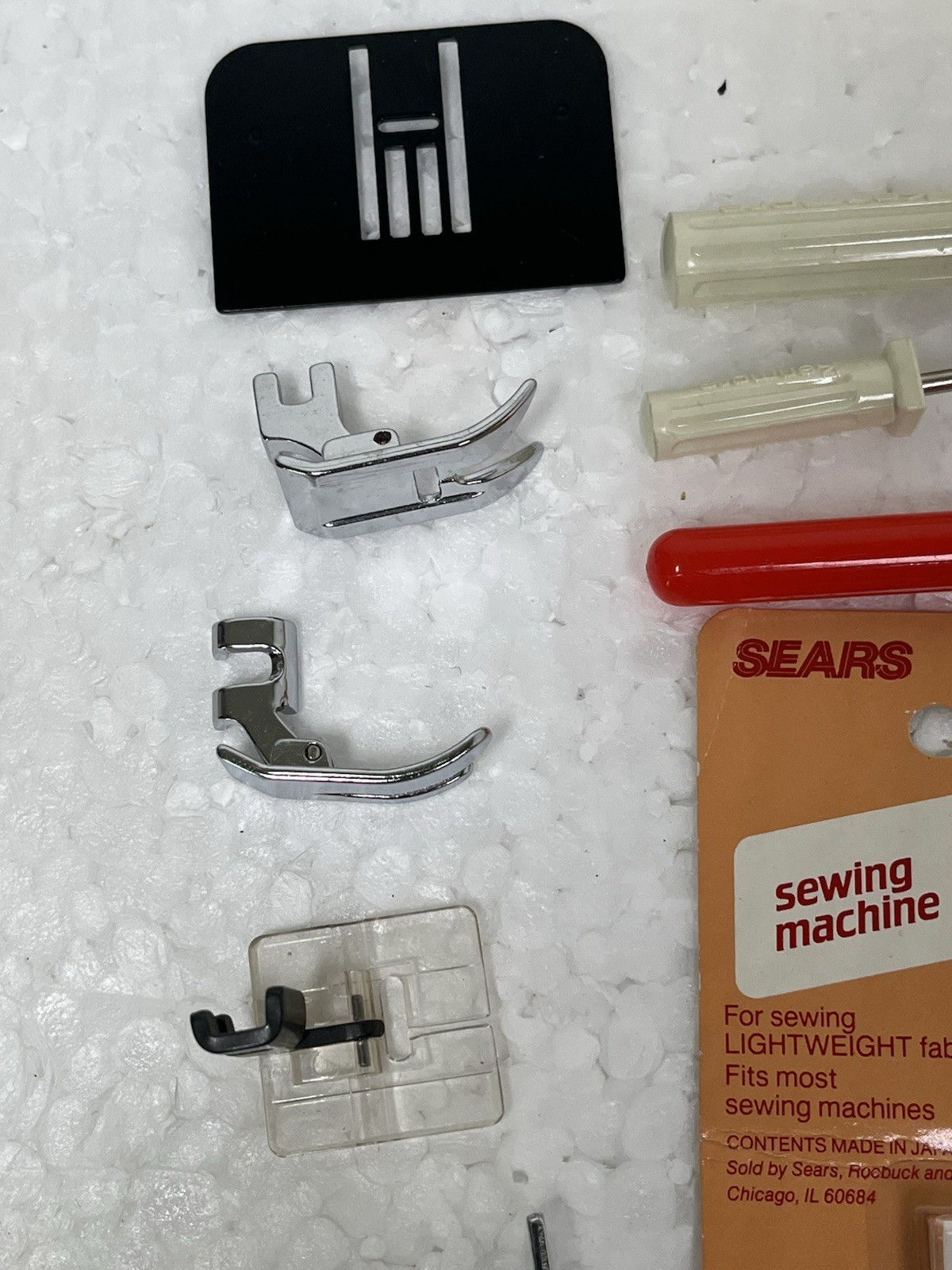 Vintage Kenmore Sewing Machine Accessories  Plastic Box Buttonholer Plates Feet