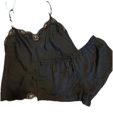 Victoria's Secret Black Satin Lace Trim Cami Pajama Set V-Neck M
