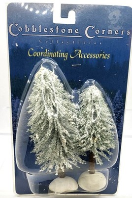 Cobblestone Corners Collectibles FLOCKED TREE Set of 2 Christmas Village NIP