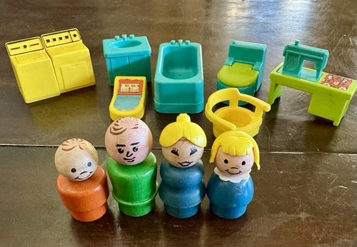 Vintage 1970s Little People Utility Set #725 Complete Wood Body People