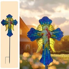 Solar Cross Garden Stake Lights, Metal Angel Wing Acrylic Cross, Jesus