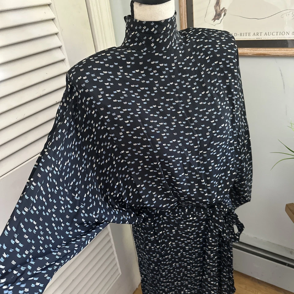 Винтажный 80-х NICOLE MILLER 2 женское платье синий подпоясанный Midi доломан рукав - Изображение 4 из 4