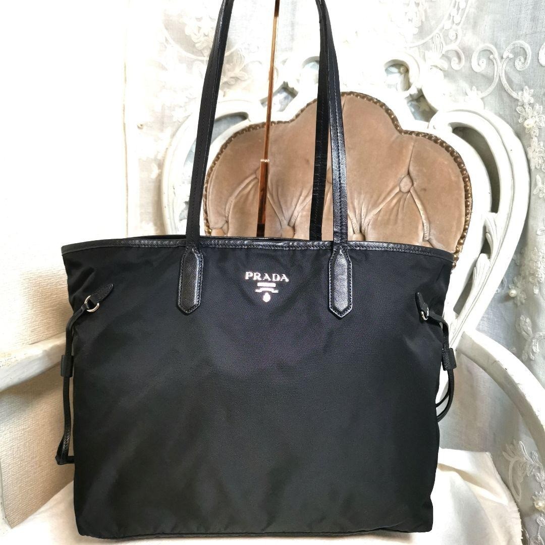 PRADA Logo Plate Tessuto Nylon Saffiano Leather 2way Tote Bag Shoulder Bag Black thumbnail 2