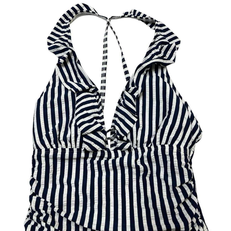 Traje de baño Ellen Tracy para mujer 12 azul marino a rayas con volantes parte superior acanalado de una pieza náutico Foto 2 de 4