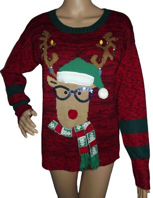 Hooked Up Size Small Red Christmas Sweater embellished reindeer jingle  bells - Main Image