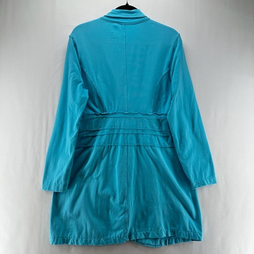 Neon Buddha Jacket Women Sz M Shawl Collar 3-Button Blazer Ruffled Hem Turquoise - Picture 2 of 11