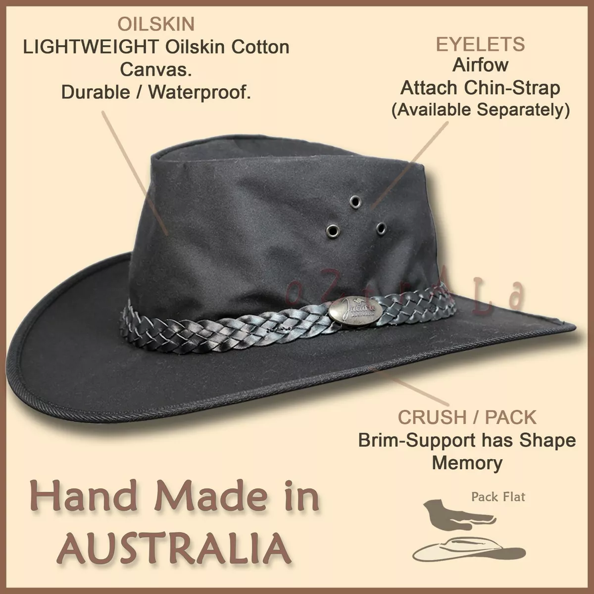 oZtrALa】 AUSTRALIAN Hat Canvas Leather Mens Black Cowboy |