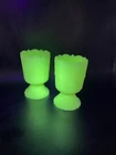 2 FENTON URANIUM TOOTHPICK/EGG CUP LIME GREEN CUSTARD PANELED DAISY 70s VTG