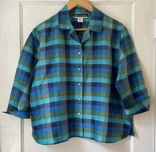Vintage Notations Blue Plaid Silk Button-Up Boxy Blouse L