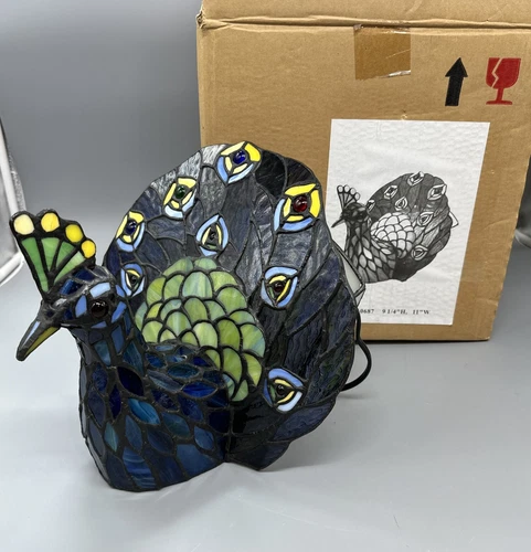 Tiffany Style Stained Glass PEACOCK TABLE LAMP Light Vintage